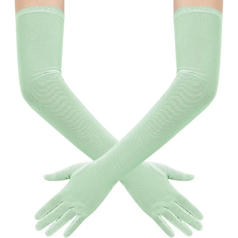 Women's Tulle Light Mint Long Stretchy Gloves Halloween Party Wedding Costume